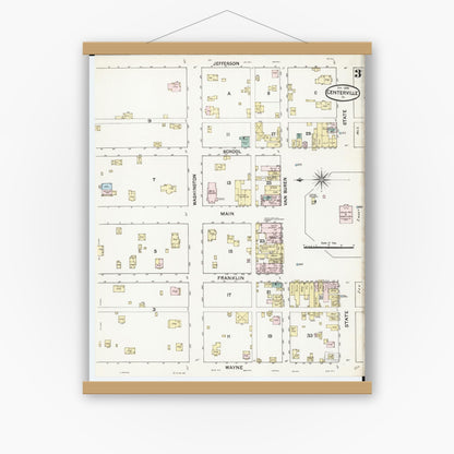 Old map wall art mockup — magnetic wood frame on white wall — Sanborn Fire Insurance Map from Centerville, Appanoose County, Iowa (1888), Sheet #0003