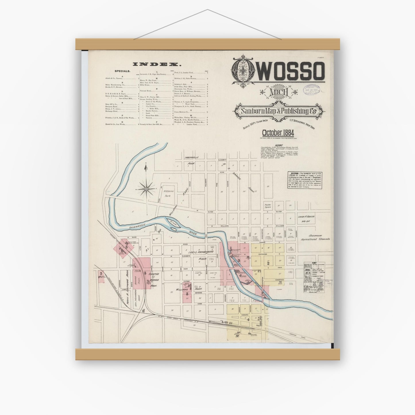 Old map wall art mockup — magnetic wood frame on white wall — Sanborn Fire Insurance Map from Owosso, Shiawassee County, Michigan (1884) - Complete Map Set