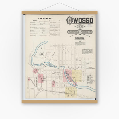 Old map wall art mockup — magnetic wood frame on white wall — Sanborn Fire Insurance Map from Owosso, Shiawassee County, Michigan (1884) - Complete Map Set