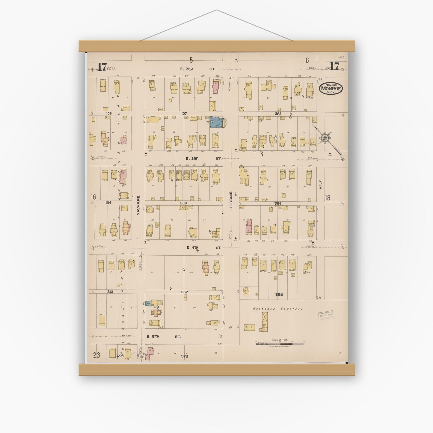 Old map wall art mockup — magnetic wood frame on white wall — Sanborn Fire Insurance Map from Monroe, Monroe County, Michigan (1922), Sheet #0017