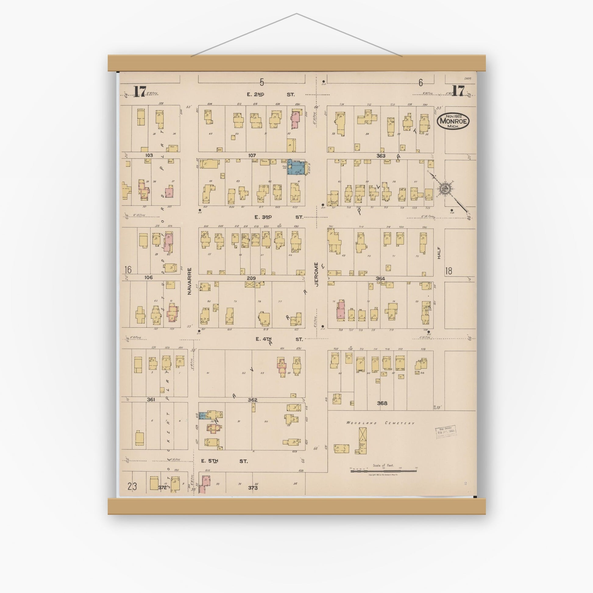 Old map wall art mockup — magnetic wood frame on white wall — Sanborn Fire Insurance Map from Monroe, Monroe County, Michigan (1922), Sheet #0017