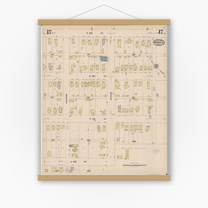 Old map wall art mockup — magnetic wood frame on white wall — Sanborn Fire Insurance Map from Monroe, Monroe County, Michigan (1922), Sheet #0017
