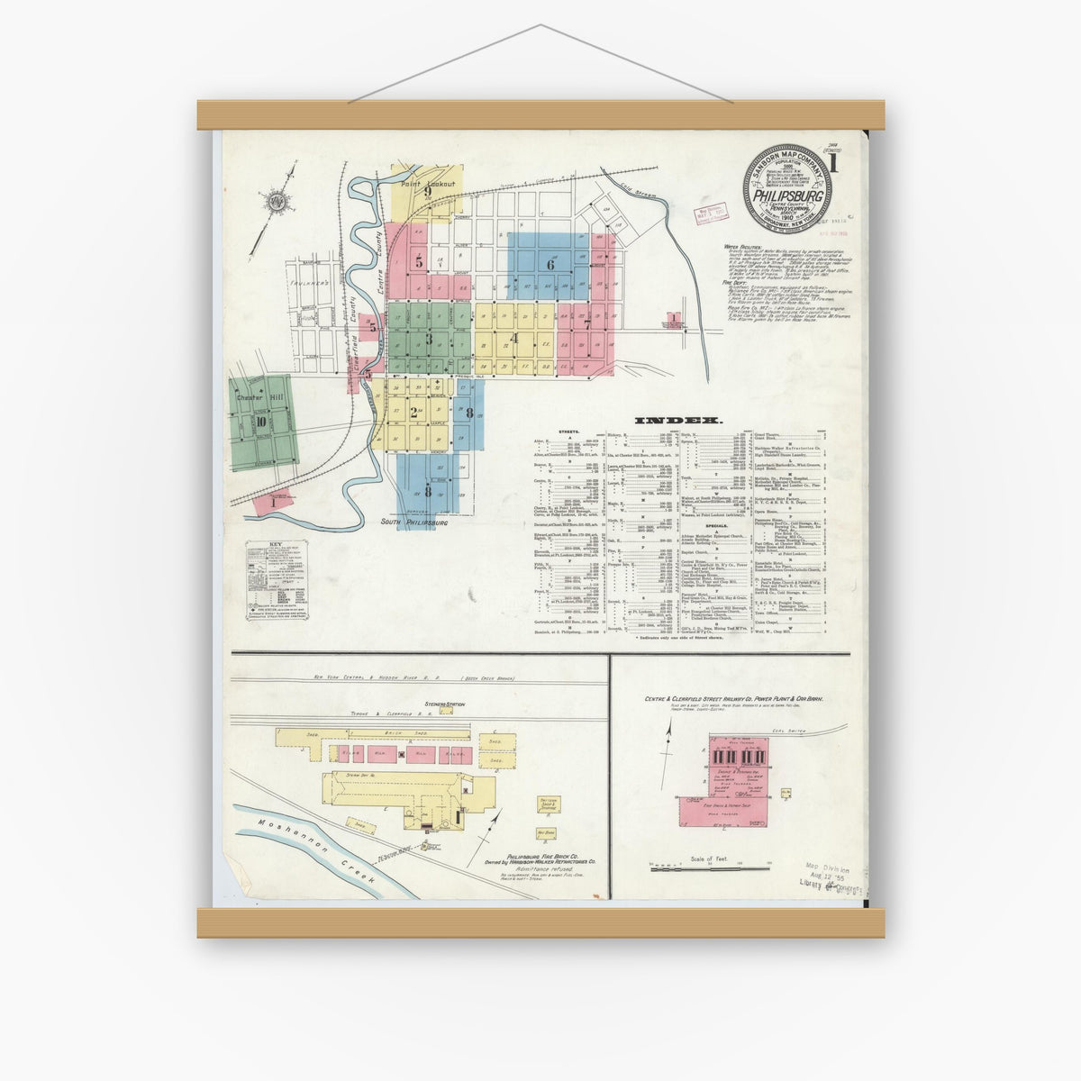 Old map wall art mockup — magnetic wood frame on white wall — Sanborn Fire Insurance Map from Philipsburg, Centre County, Pennsylvania (1910) - Complete Map Set