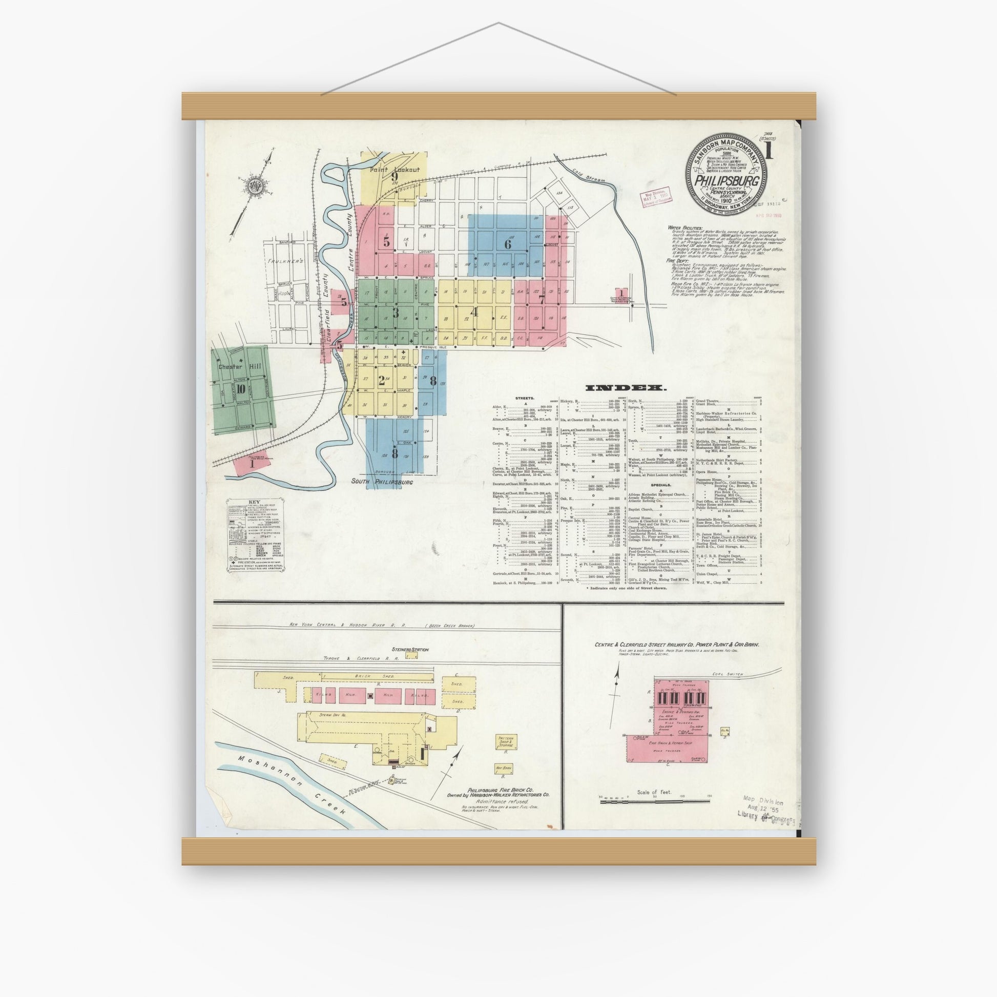 Old map wall art mockup — magnetic wood frame on white wall — Sanborn Fire Insurance Map from Philipsburg, Centre County, Pennsylvania (1910) - Complete Map Set