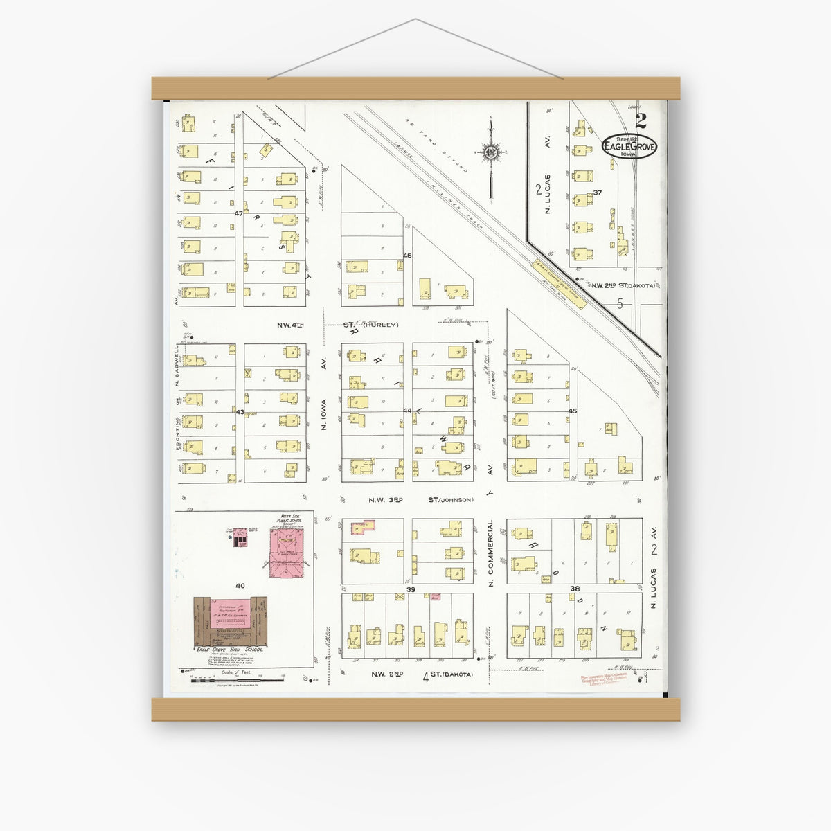 Old map wall art mockup — magnetic wood frame on white wall — Sanborn Fire Insurance Map from Eagle Grove, Wright County, Iowa (1921), Sheet #0002