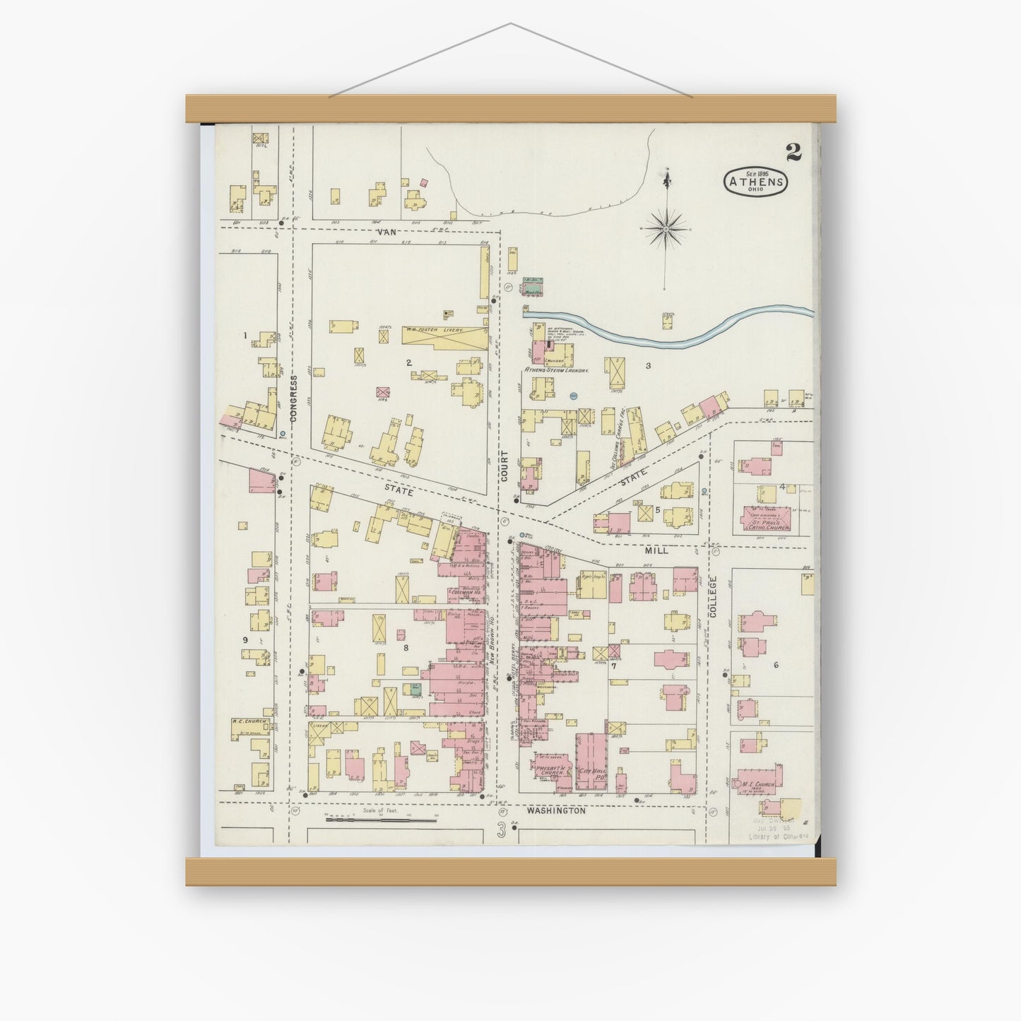 Old map wall art mockup — magnetic wood frame on white wall — Sanborn Fire Insurance Map from Athens, Athens County, Ohio (1895), Sheet #0002