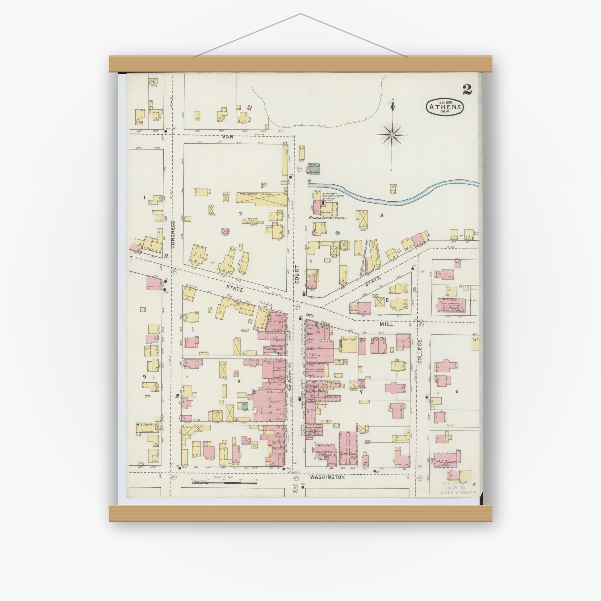 Old map wall art mockup — magnetic wood frame on white wall — Sanborn Fire Insurance Map from Athens, Athens County, Ohio (1895), Sheet #0002