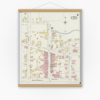 Old map wall art mockup — magnetic wood frame on white wall — Sanborn Fire Insurance Map from Athens, Athens County, Ohio (1895), Sheet #0002