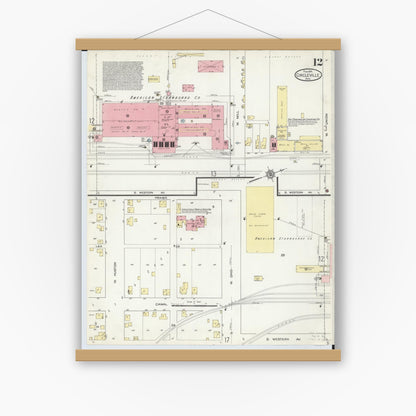 Old map wall art mockup — magnetic wood frame on white wall — Sanborn Fire Insurance Map from Circleville, Pickaway County, Ohio (1914), Sheet #0012