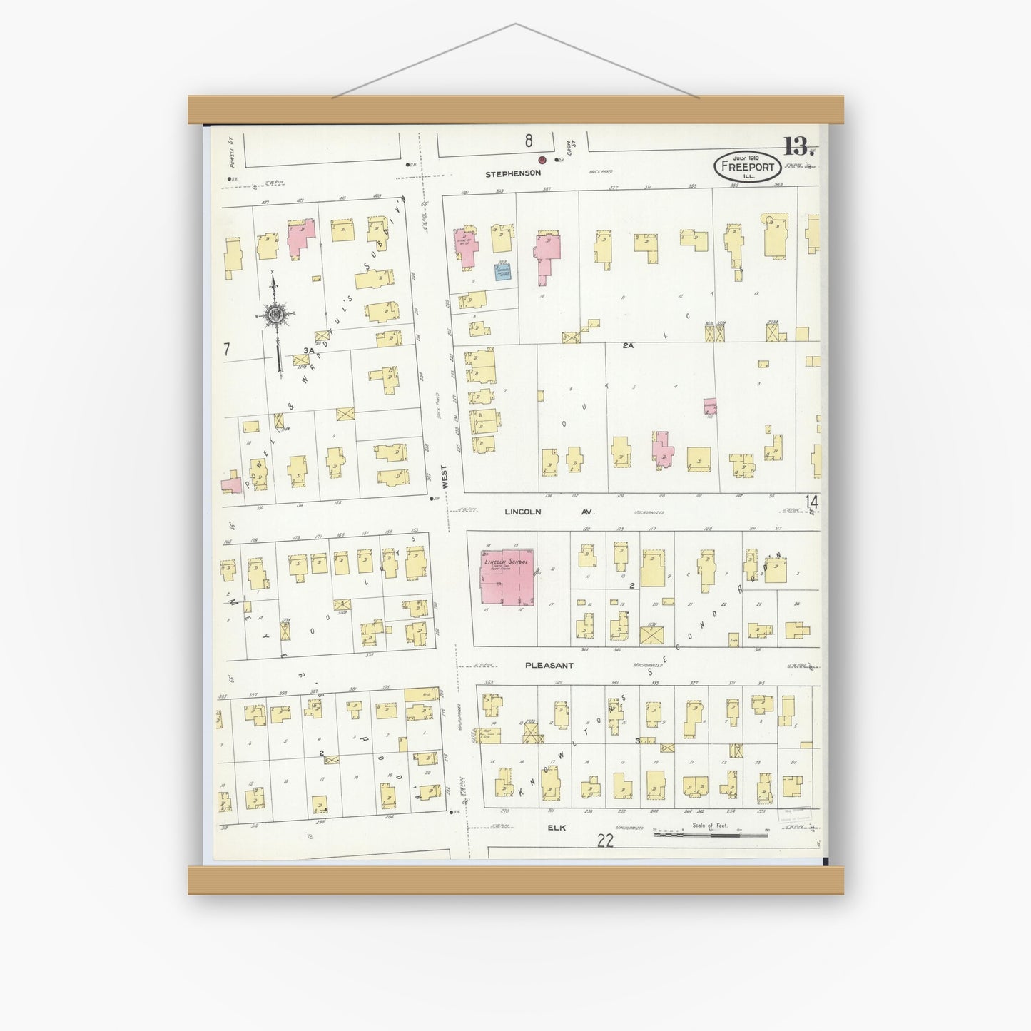 Old map wall art mockup — magnetic wood frame on white wall — Sanborn Fire Insurance Map from Freeport, Stephenson County, Illinois (1910), Sheet #0013
