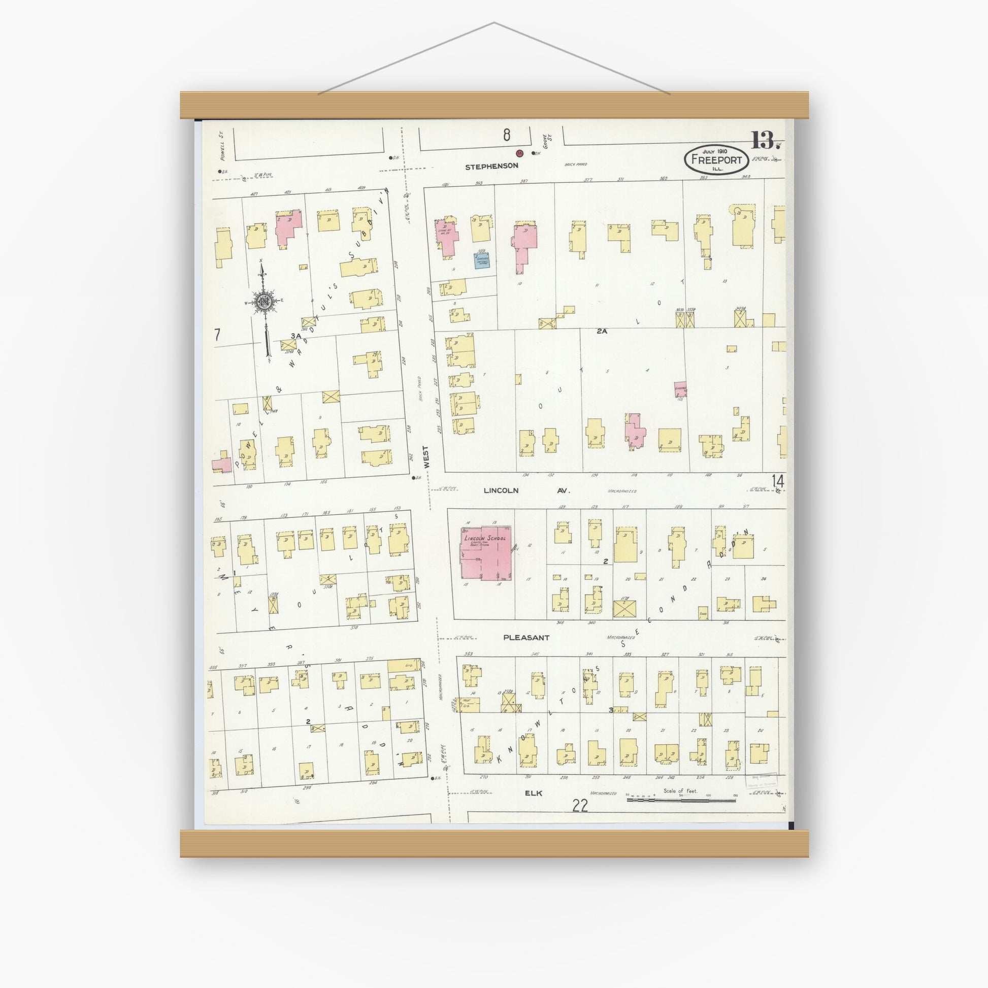 Old map wall art mockup — magnetic wood frame on white wall — Sanborn Fire Insurance Map from Freeport, Stephenson County, Illinois (1910), Sheet #0013