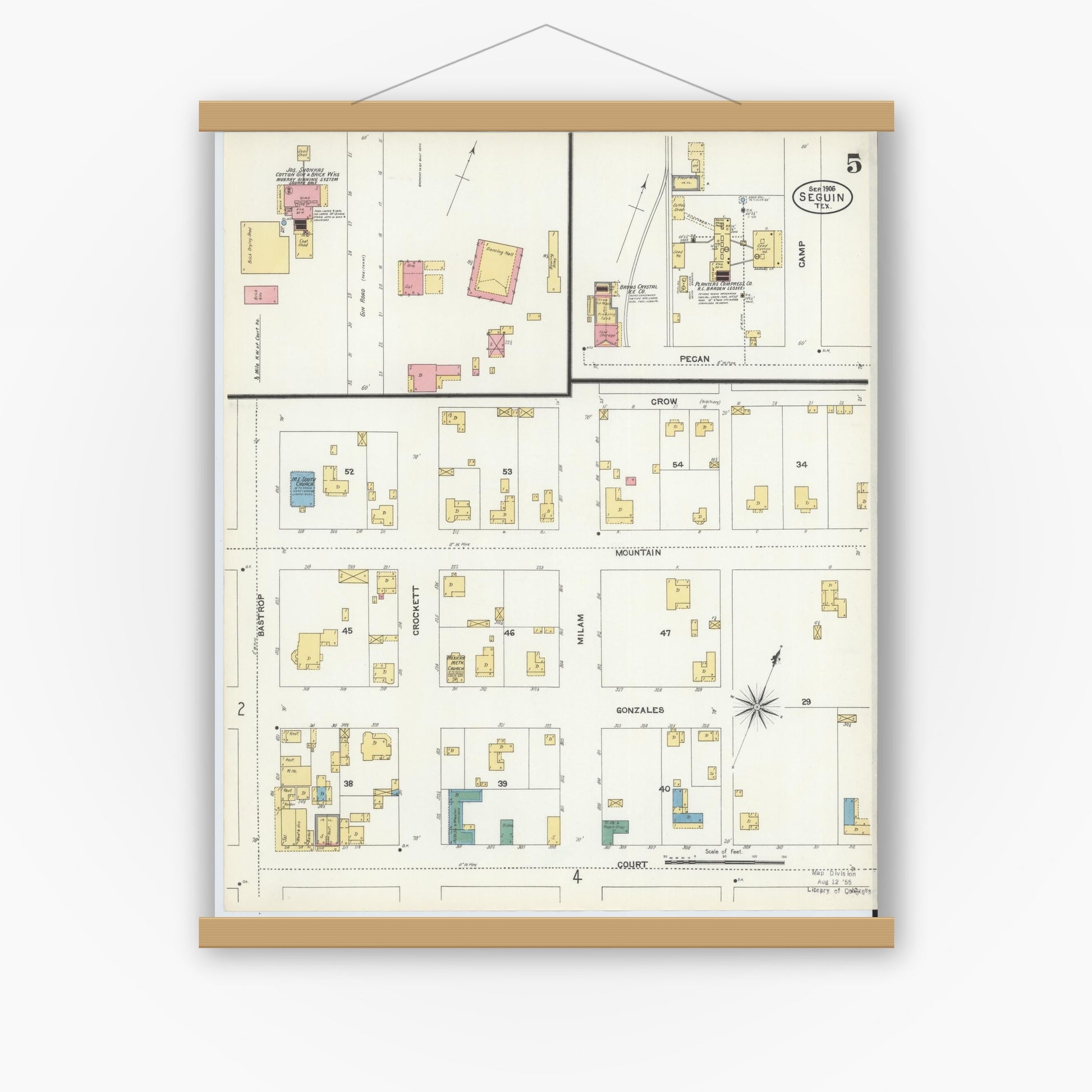 Old map wall art mockup — magnetic wood frame on white wall — Sanborn Fire Insurance Map from Seguin, Guadalupe County, Texas (1906), Sheet #0005