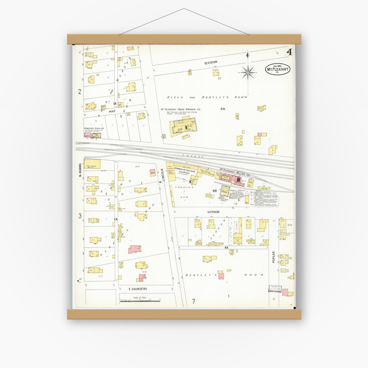 Old map wall art mockup — magnetic wood frame on white wall — Sanborn Fire Insurance Map from Mount Pleasant, Henry County, Iowa (1899), Sheet #0004