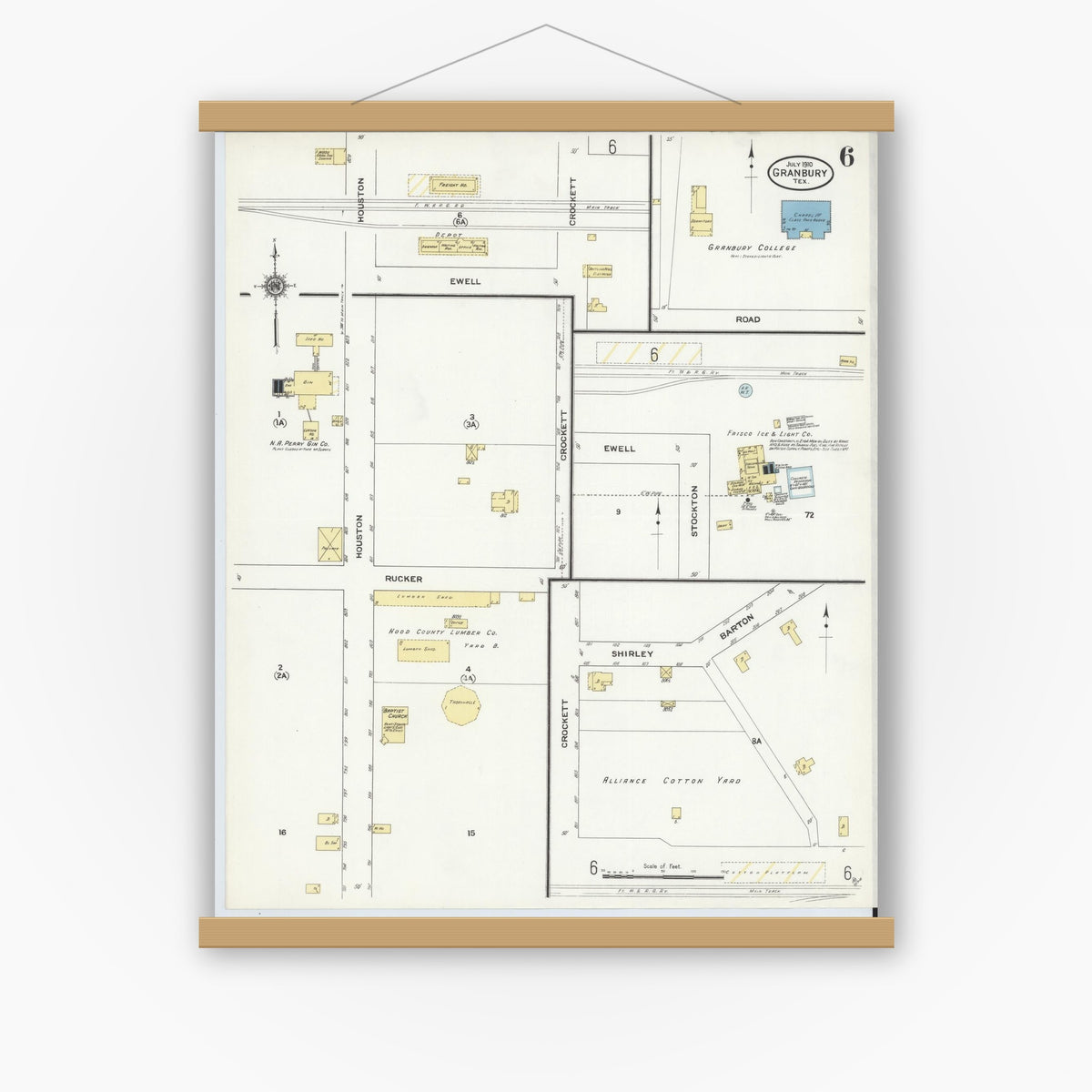 Old map wall art mockup — magnetic wood frame on white wall — Sanborn Fire Insurance Map from Granbury, Hood County, Texas (1910), Sheet #0006