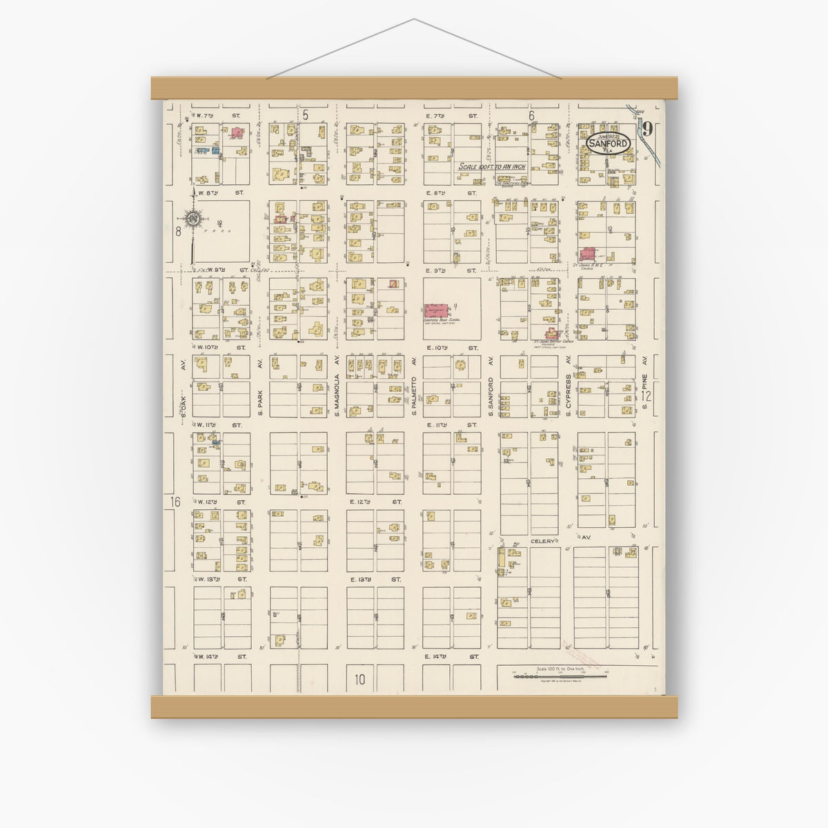 Old map wall art mockup — magnetic wood frame on white wall — Sanborn Fire Insurance Map from Sanford, Seminole County, Florida (1922), Sheet #0009