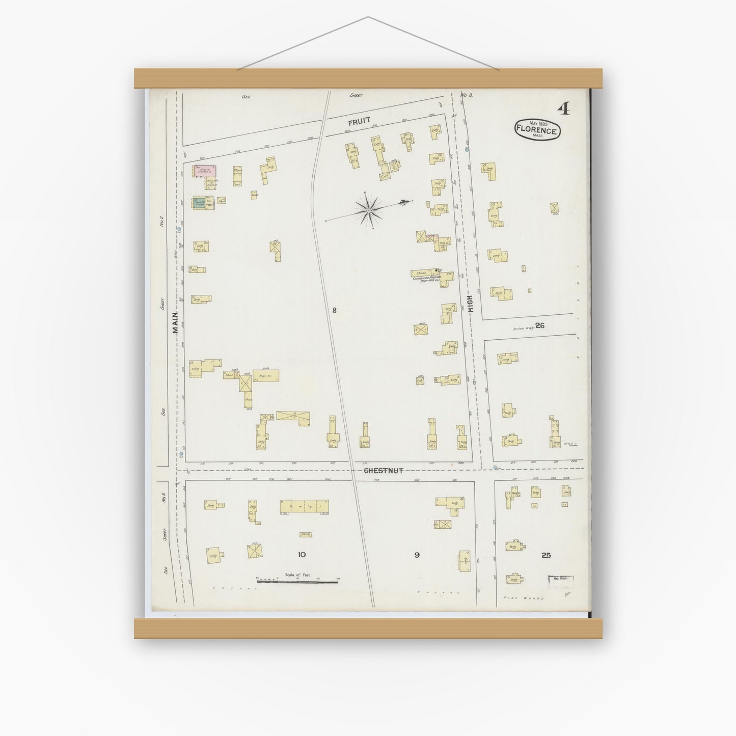 Old map wall art mockup — magnetic wood frame on white wall — Sanborn Fire Insurance Map from Florence, Hampshire County, Massachusetts (1889), Sheet #0004