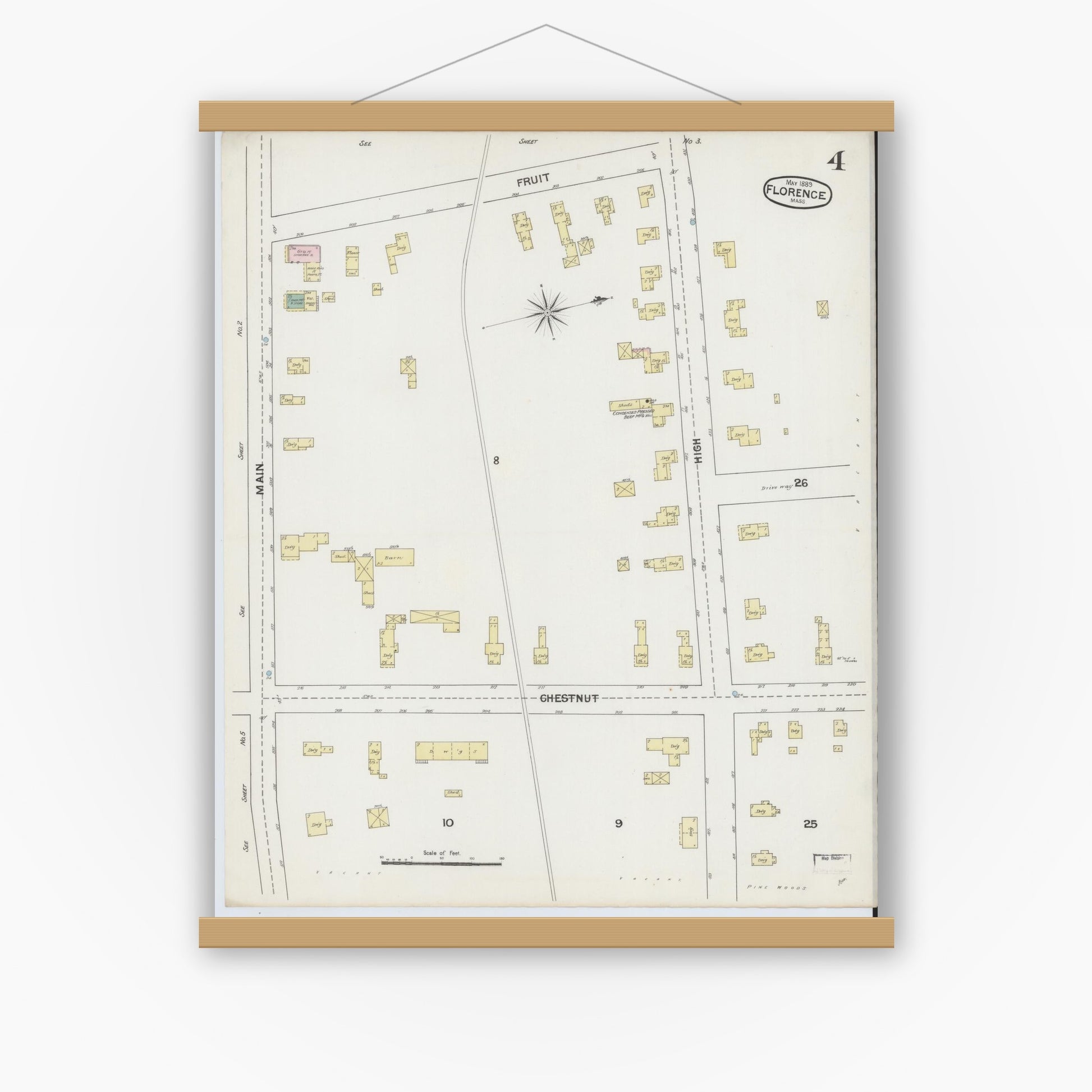 Old map wall art mockup — magnetic wood frame on white wall — Sanborn Fire Insurance Map from Florence, Hampshire County, Massachusetts (1889), Sheet #0004