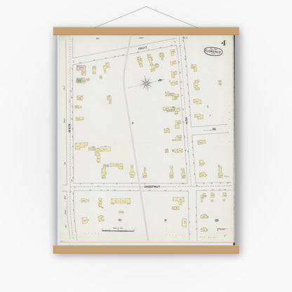 Old map wall art mockup — magnetic wood frame on white wall — Sanborn Fire Insurance Map from Florence, Hampshire County, Massachusetts (1889), Sheet #0004
