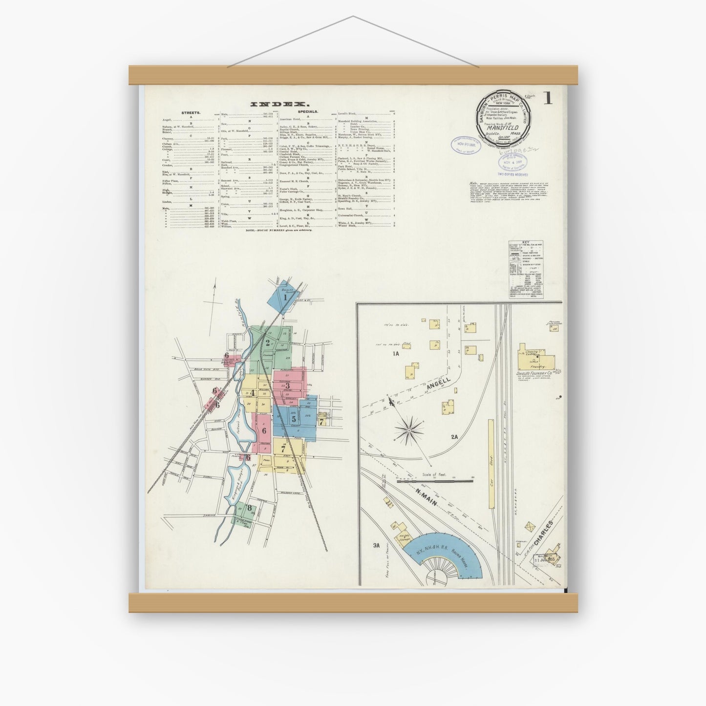 Old map wall art mockup — magnetic wood frame on white wall — Sanborn Fire Insurance Map from Mansfield, Bristol County, Massachusetts (1897), Sheet #0001