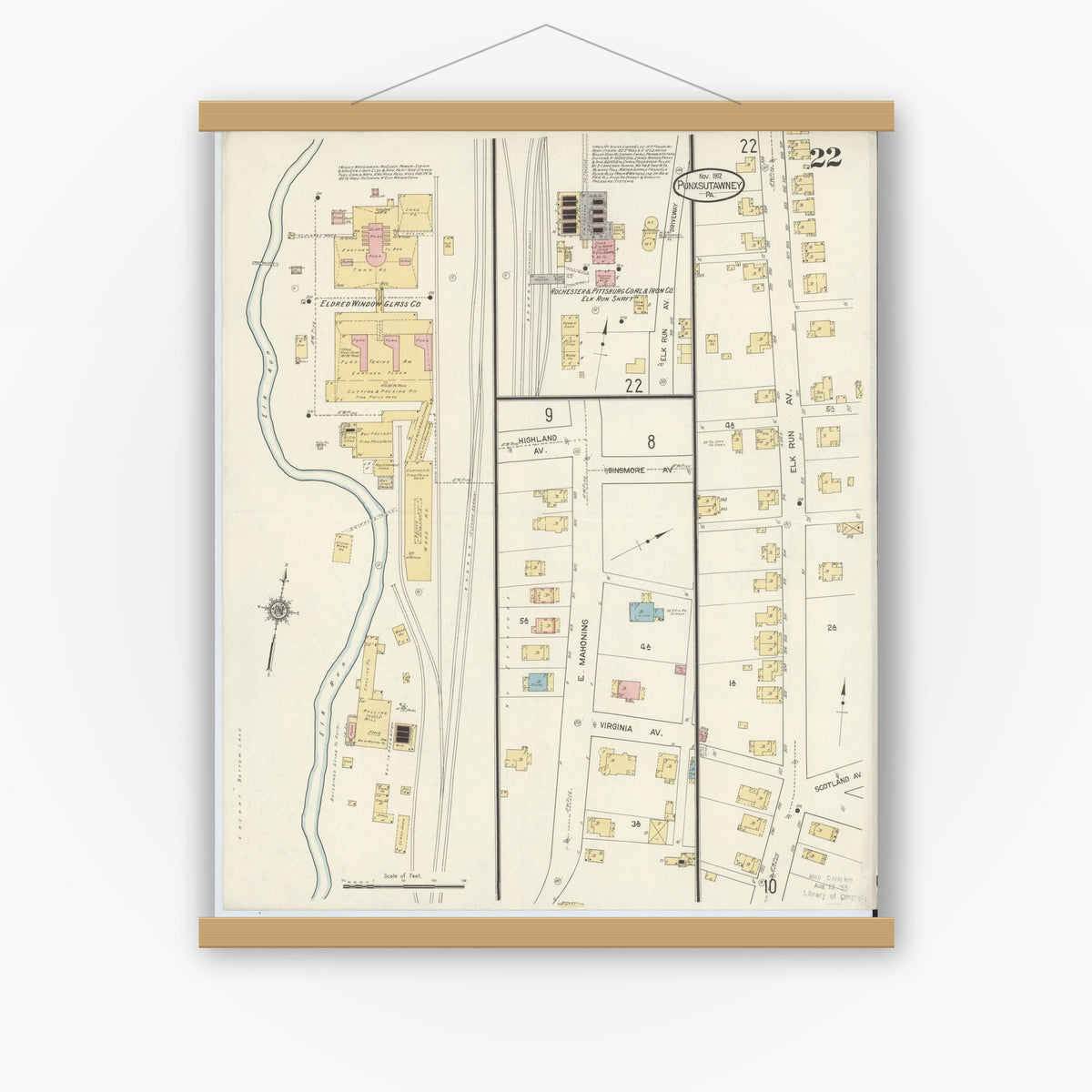 Old map wall art mockup — magnetic wood frame on white wall — Sanborn Fire Insurance Map from Punxsutawney, Jefferson County, Pennsylvania (1912), Sheet #0022