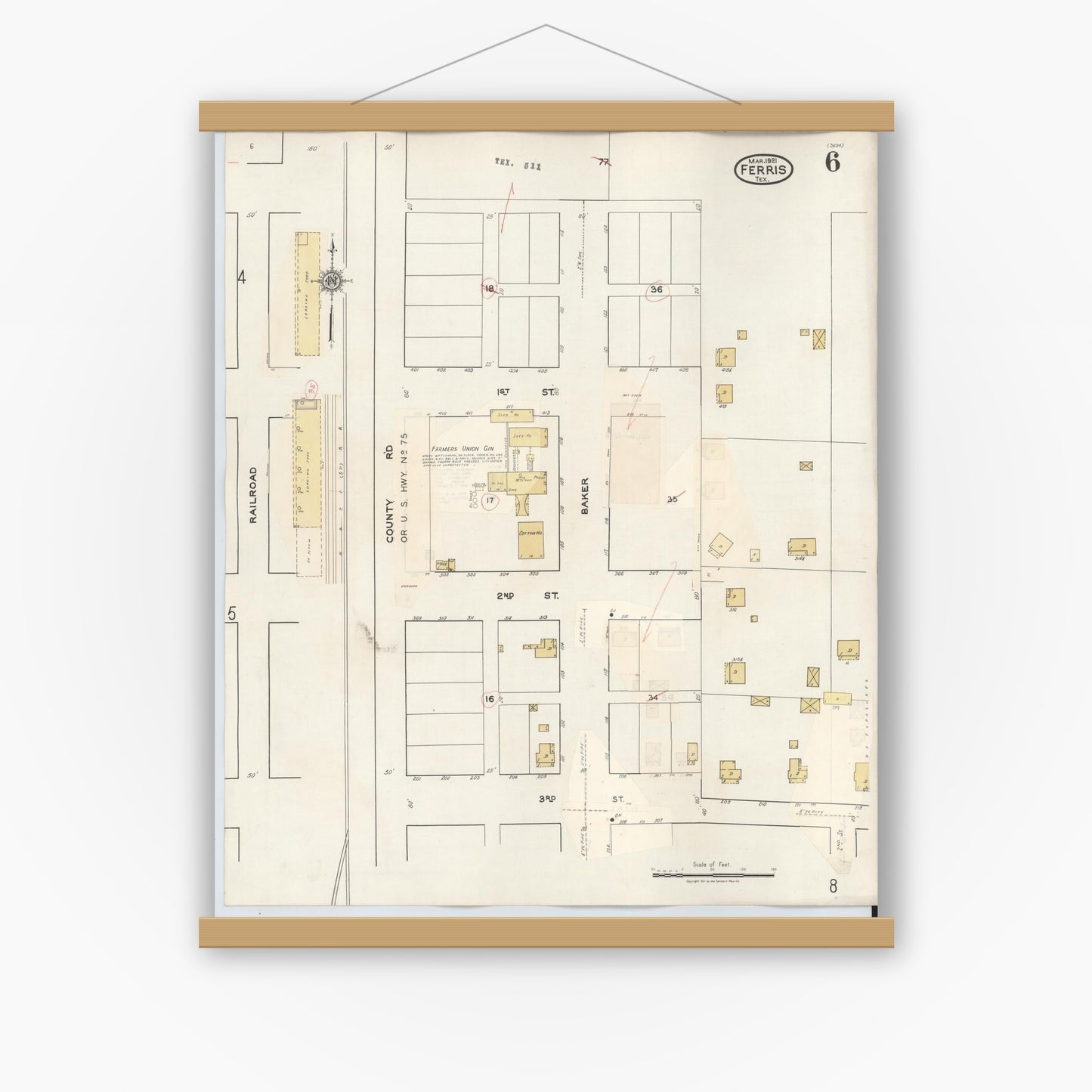 Old map wall art mockup — magnetic wood frame on white wall — Sanborn Fire Insurance Map from Ferris, Ellis County, Texas (1941), Sheet #0006