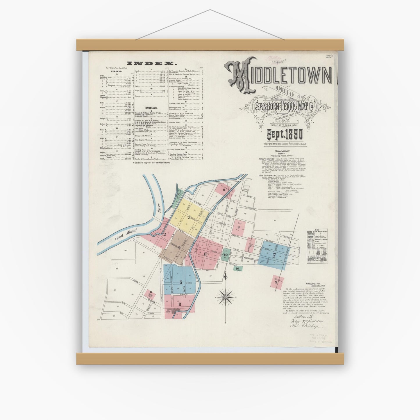 Old map wall art mockup — magnetic wood frame on white wall — Sanborn Fire Insurance Map from Middletown, Butler County, Ohio (1890) - Complete Map Set