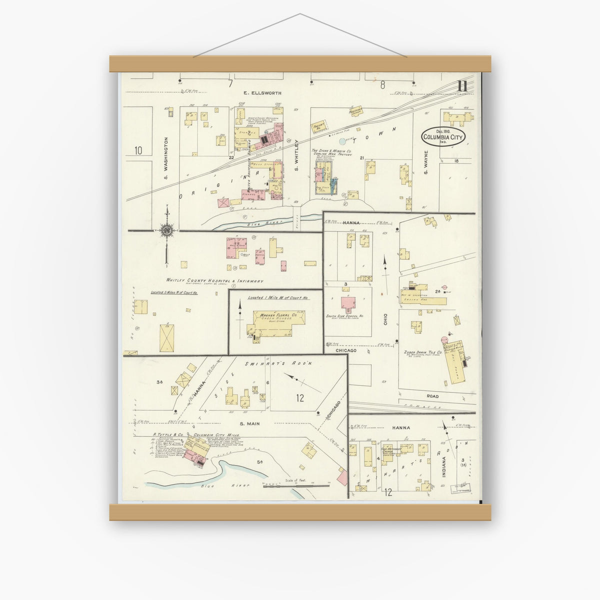 Old map wall art mockup — magnetic wood frame on white wall — Sanborn Fire Insurance Map from Columbia City, Whitley County, Indiana (1910), Sheet #0011