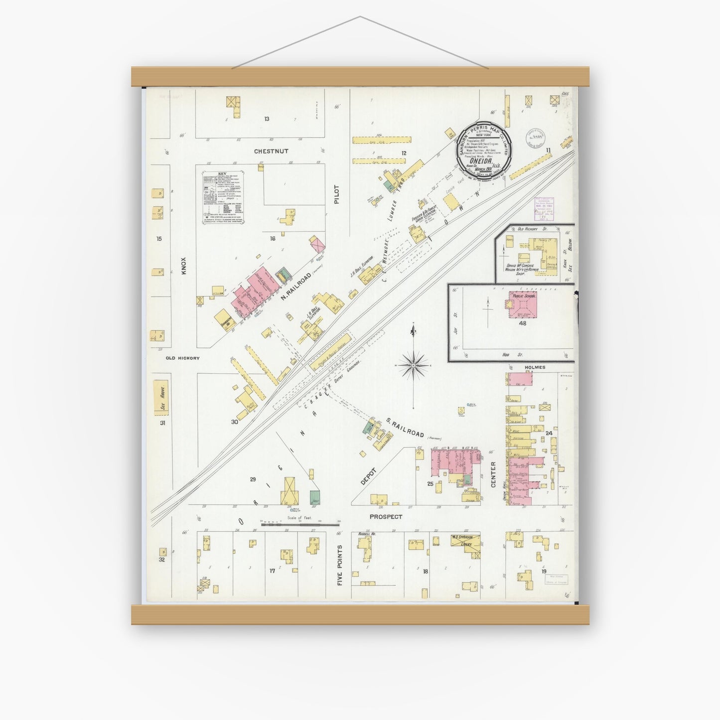 Old map wall art mockup — magnetic wood frame on white wall — Sanborn Fire Insurance Map from Oneida, Knox County, Illinois (1901), Sheet #0001