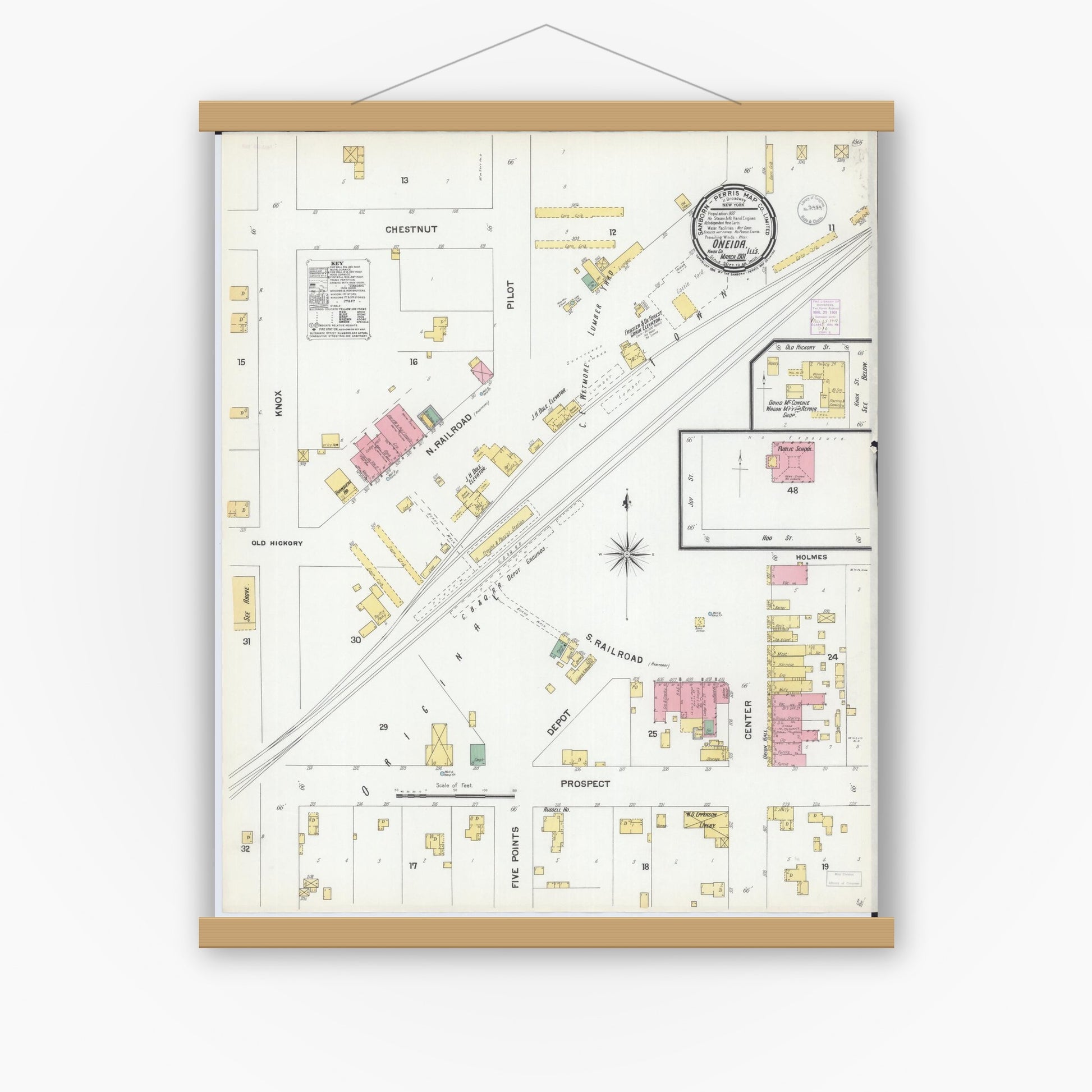 Old map wall art mockup — magnetic wood frame on white wall — Sanborn Fire Insurance Map from Oneida, Knox County, Illinois (1901), Sheet #0001