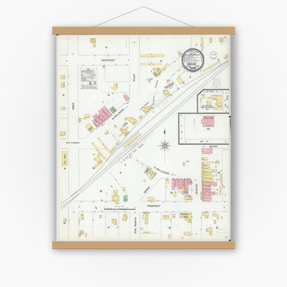 Old map wall art mockup — magnetic wood frame on white wall — Sanborn Fire Insurance Map from Oneida, Knox County, Illinois (1901), Sheet #0001