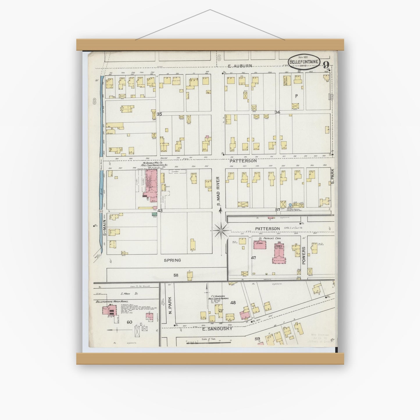 Old map wall art mockup — magnetic wood frame on white wall — Sanborn Fire Insurance Map from Bellefontaine, Logan County, Ohio (1892), Sheet #0009