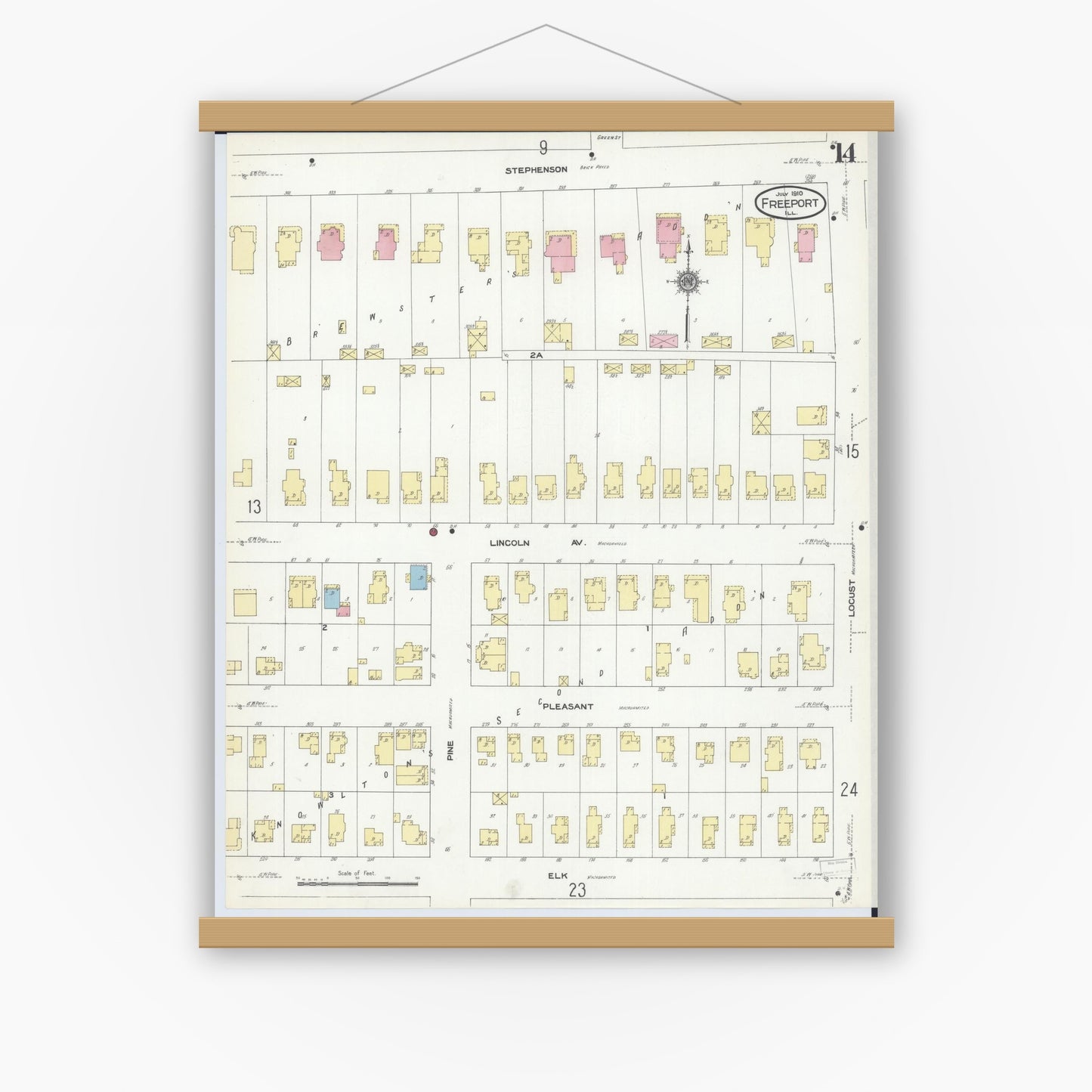 Old map wall art mockup — magnetic wood frame on white wall — Sanborn Fire Insurance Map from Freeport, Stephenson County, Illinois (1910), Sheet #0014