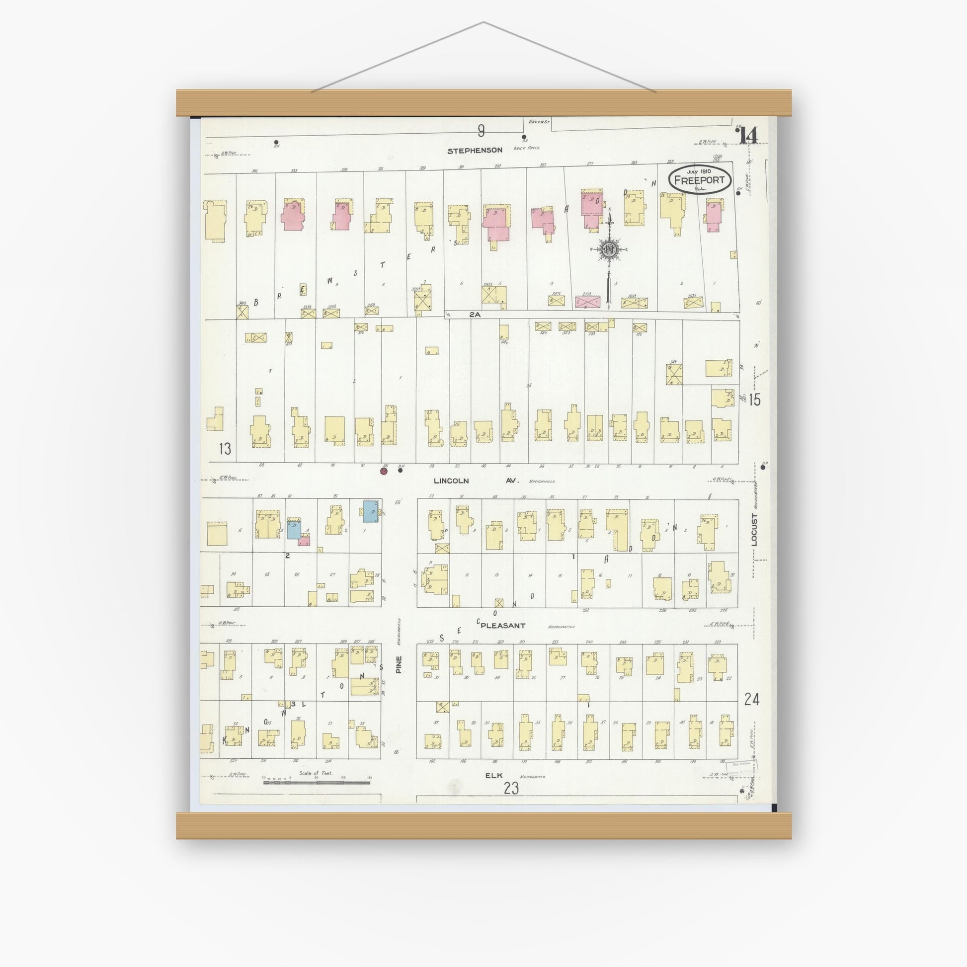 Old map wall art mockup — magnetic wood frame on white wall — Sanborn Fire Insurance Map from Freeport, Stephenson County, Illinois (1910), Sheet #0014