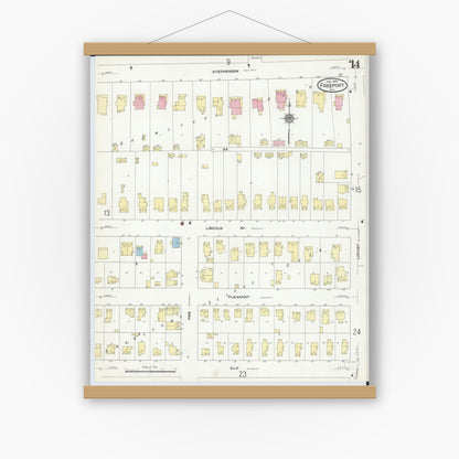Old map wall art mockup — magnetic wood frame on white wall — Sanborn Fire Insurance Map from Freeport, Stephenson County, Illinois (1910), Sheet #0014