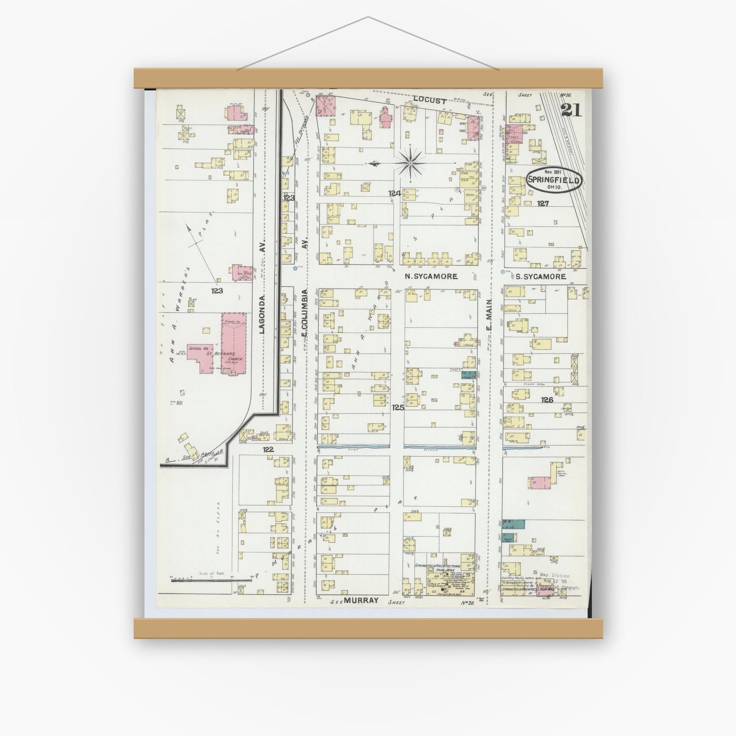 Old map wall art mockup — magnetic wood frame on white wall — Sanborn Fire Insurance Map from Springfield, Clark County, Ohio (1891), Sheet #0021