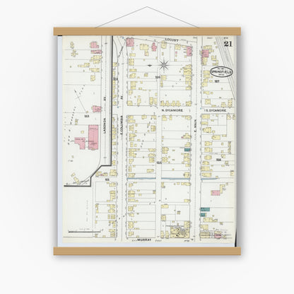 Old map wall art mockup — magnetic wood frame on white wall — Sanborn Fire Insurance Map from Springfield, Clark County, Ohio (1891), Sheet #0021