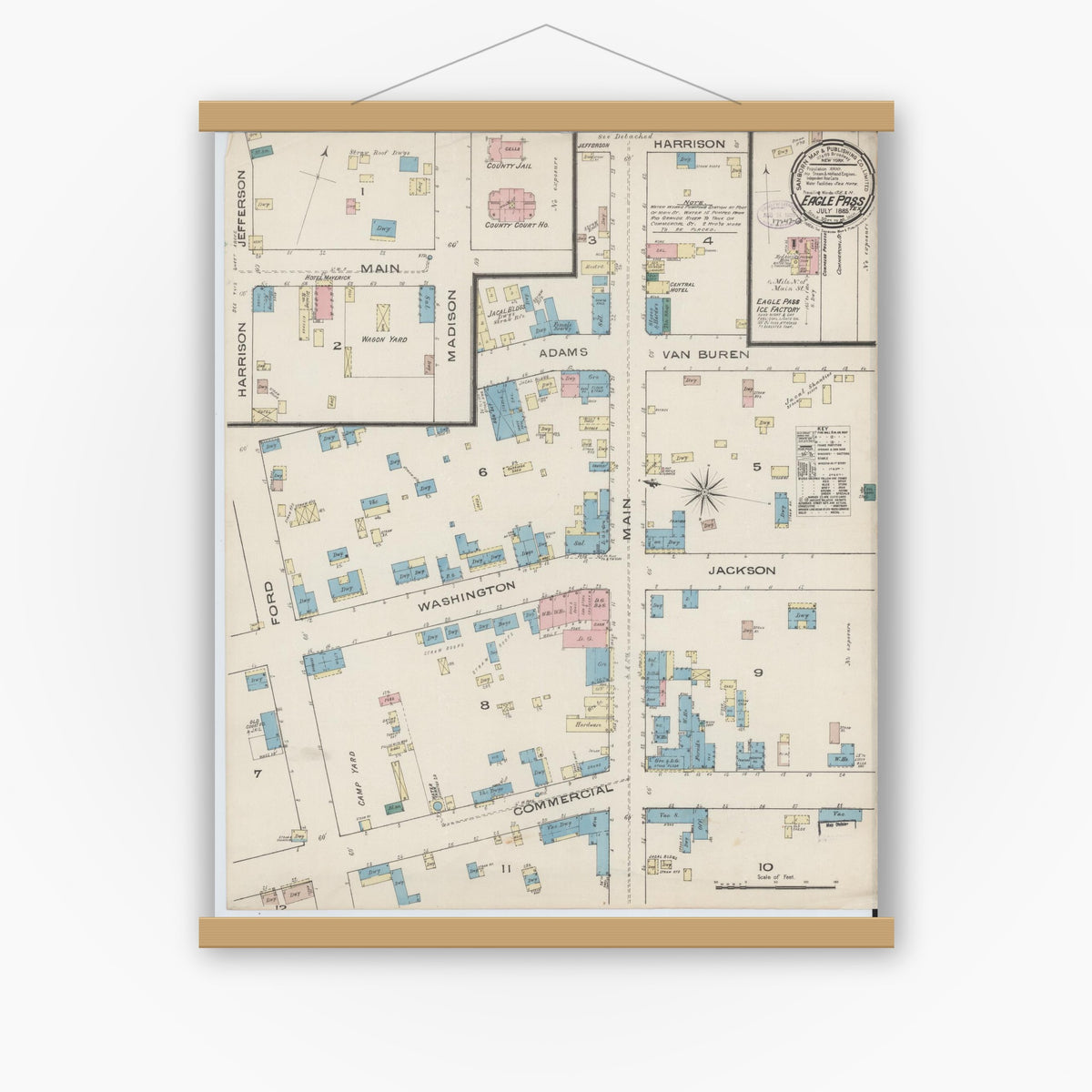 Old map wall art mockup — magnetic wood frame on white wall — Sanborn Fire Insurance Map from Eagle Pass, Maverick County, Texas (1885), Sheet #0001