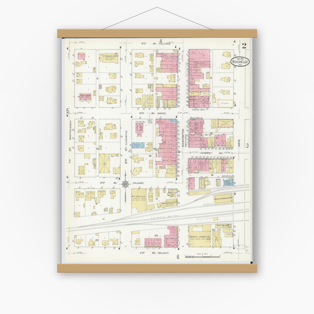 Old map wall art mockup — magnetic wood frame on white wall — Sanborn Fire Insurance Map from Rochelle, Ogle County, Illinois (1912), Sheet #0002