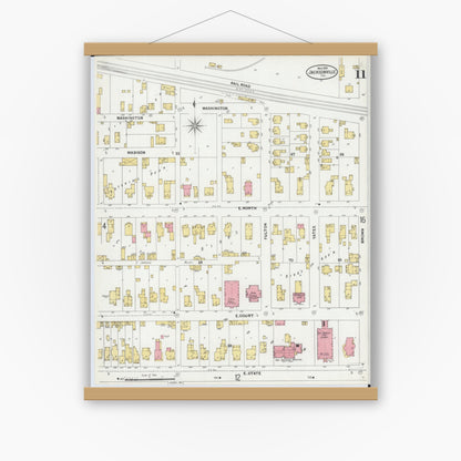 Old map wall art mockup — magnetic wood frame on white wall — Sanborn Fire Insurance Map from Jacksonville, Morgan County, Illinois (1899), Sheet #0011