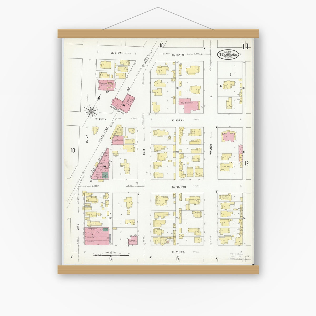 Old map wall art mockup — magnetic wood frame on white wall — Sanborn Fire Insurance Map from Texarkana, Bowie County, Texas (1909), Sheet #0011