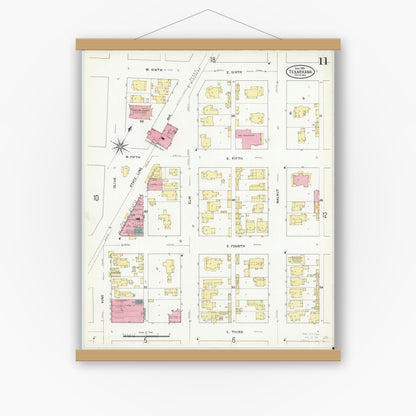 Old map wall art mockup — magnetic wood frame on white wall — Sanborn Fire Insurance Map from Texarkana, Bowie County, Texas (1909), Sheet #0011