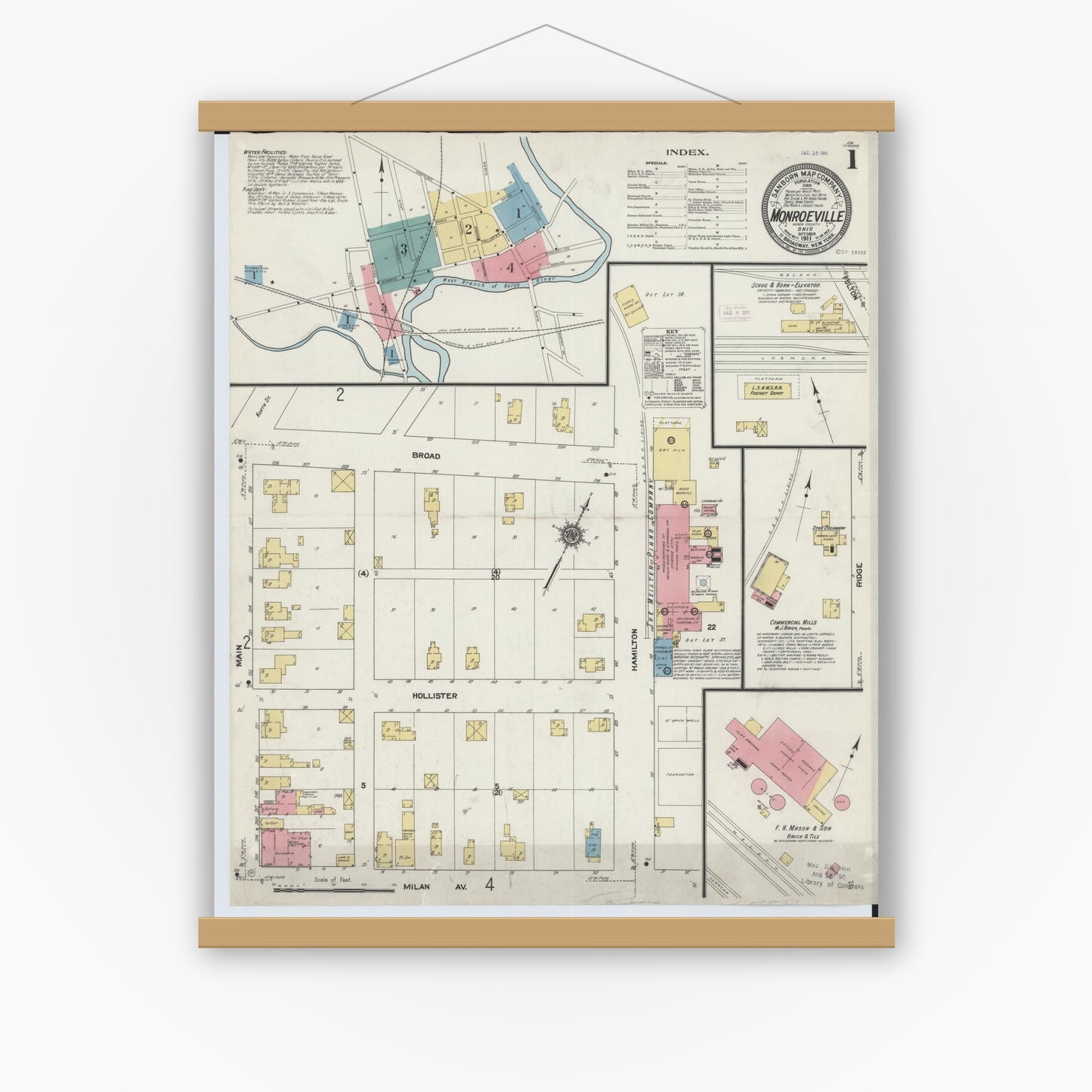 Old map wall art mockup — magnetic wood frame on white wall — Sanborn Fire Insurance Map from Monroeville, Huron County, Ohio (1911), Sheet #0001