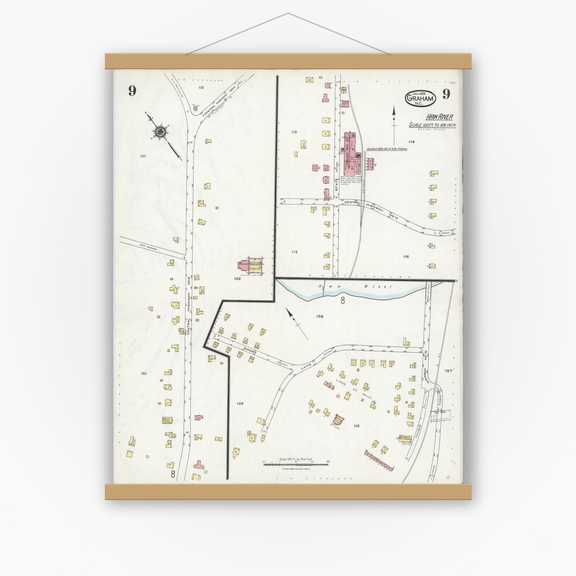 Old map wall art mockup — magnetic wood frame on white wall — Sanborn Fire Insurance Map from Graham, Alamance County, North Carolina (1924), Sheet #0009