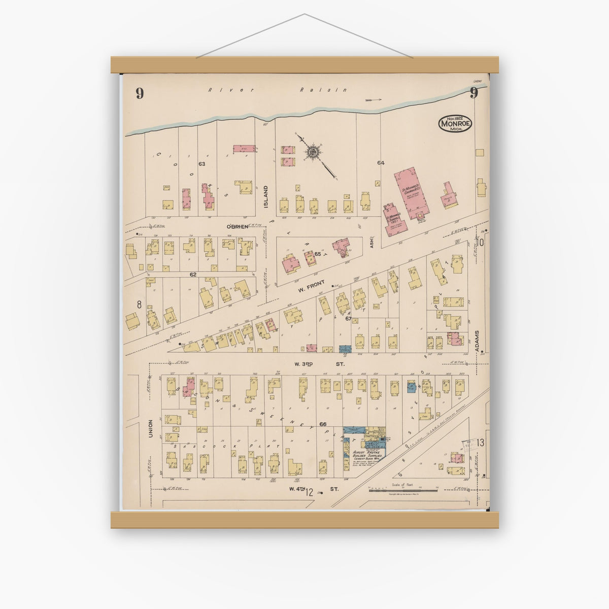 Old map wall art mockup — magnetic wood frame on white wall — Sanborn Fire Insurance Map from Monroe, Monroe County, Michigan (1922), Sheet #0009