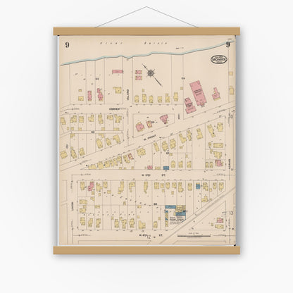 Old map wall art mockup — magnetic wood frame on white wall — Sanborn Fire Insurance Map from Monroe, Monroe County, Michigan (1922), Sheet #0009