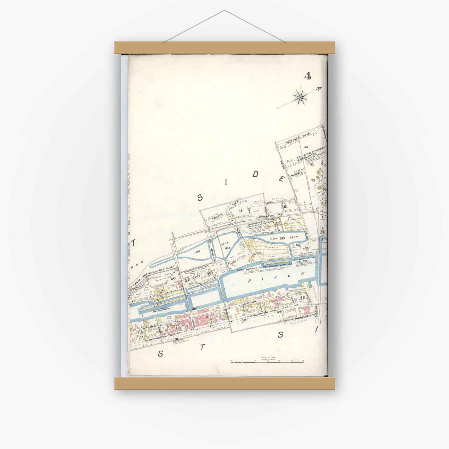 Old map wall art mockup — magnetic wood frame on white wall — Sanborn Fire Insurance Map from Saginaw, Saginaw County, Michigan (1895), Sheet #0004