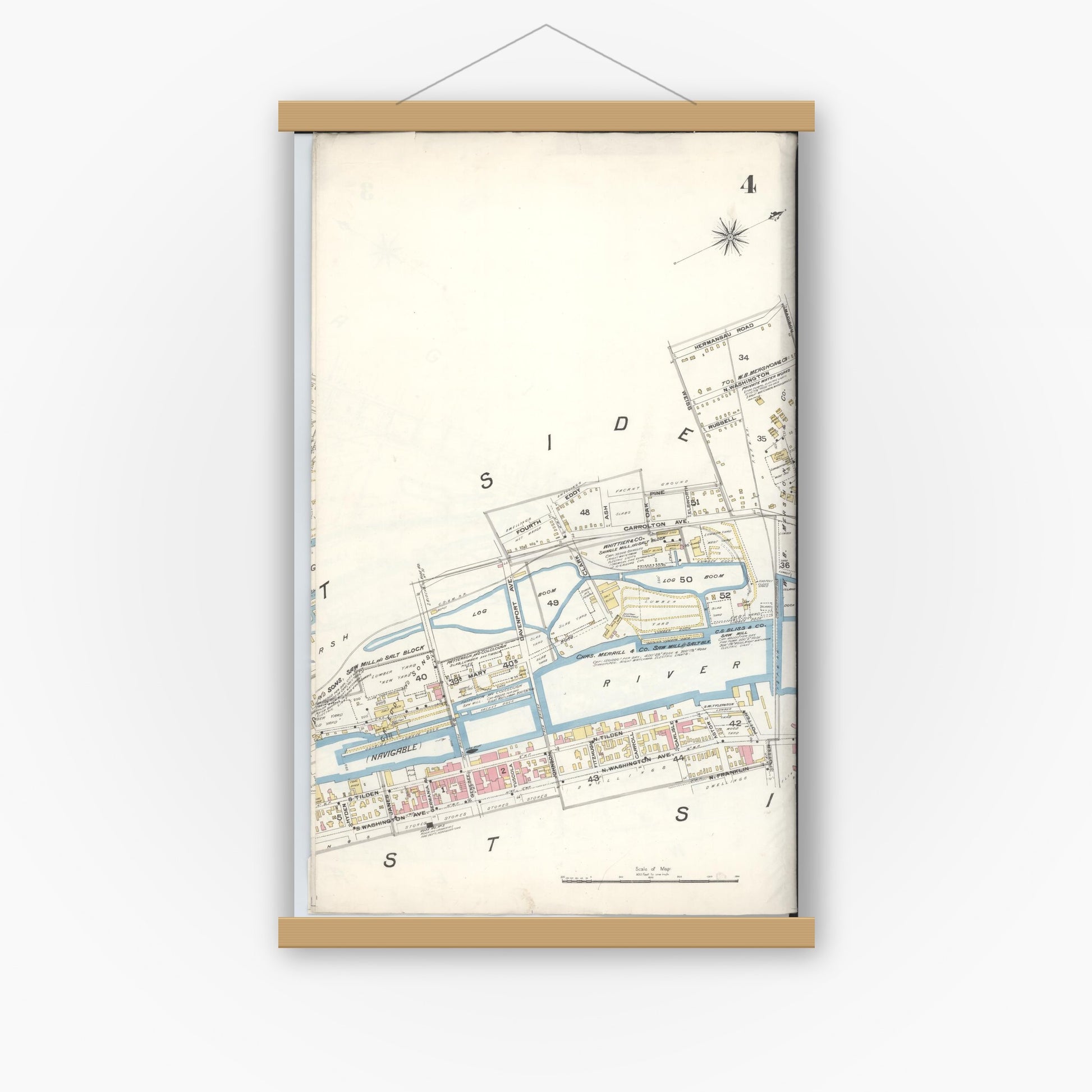 Old map wall art mockup — magnetic wood frame on white wall — Sanborn Fire Insurance Map from Saginaw, Saginaw County, Michigan (1895), Sheet #0004