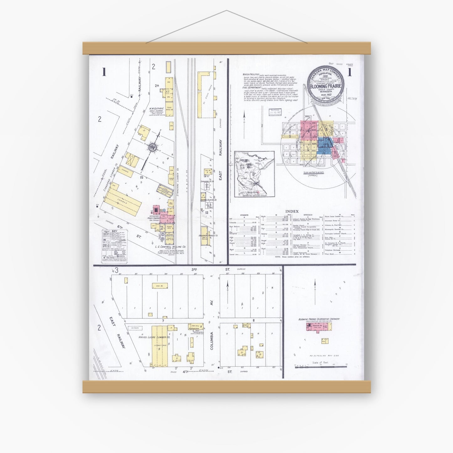 Old map wall art mockup — magnetic wood frame on white wall — Sanborn Fire Insurance Map from Blooming Prairie, Steele County, Minnesota (1927) - Complete Map Set
