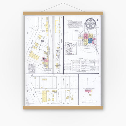 Old map wall art mockup — magnetic wood frame on white wall — Sanborn Fire Insurance Map from Blooming Prairie, Steele County, Minnesota (1927) - Complete Map Set
