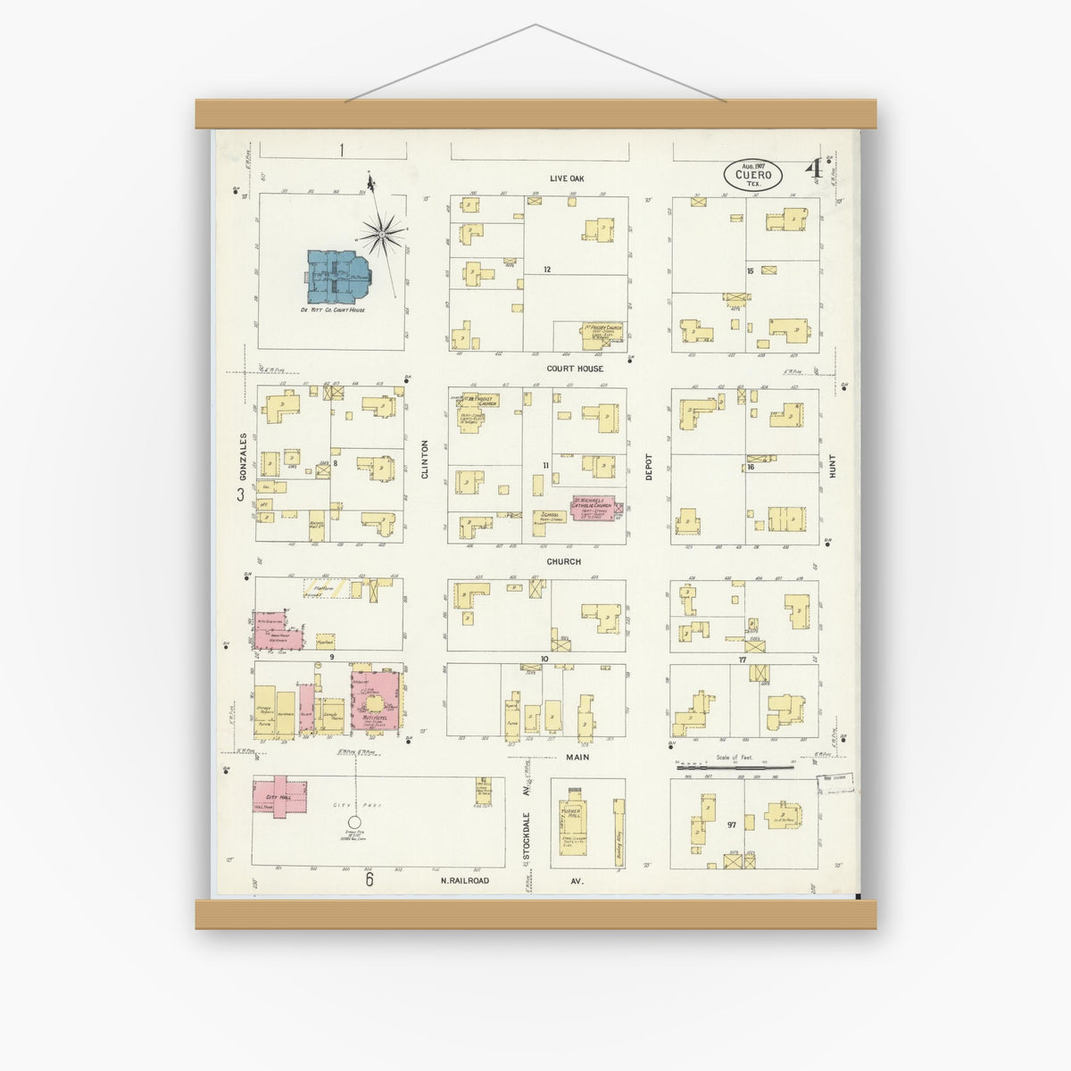Old map wall art mockup — magnetic wood frame on white wall — Sanborn Fire Insurance Map from Cuero, De Witt County, Texas (1907), Sheet #0004